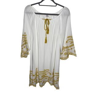 Chic Connection White Dress/ Swimsuit Coverup White w/ Yellow Floral Embroidery